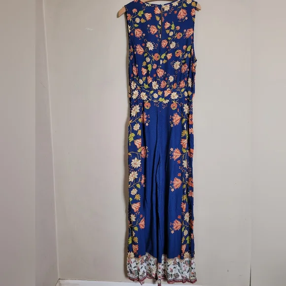 Farm Rio Anthropologie Blue Floral Wide Leg Jumpsuit Medium - Picture 6 of 12